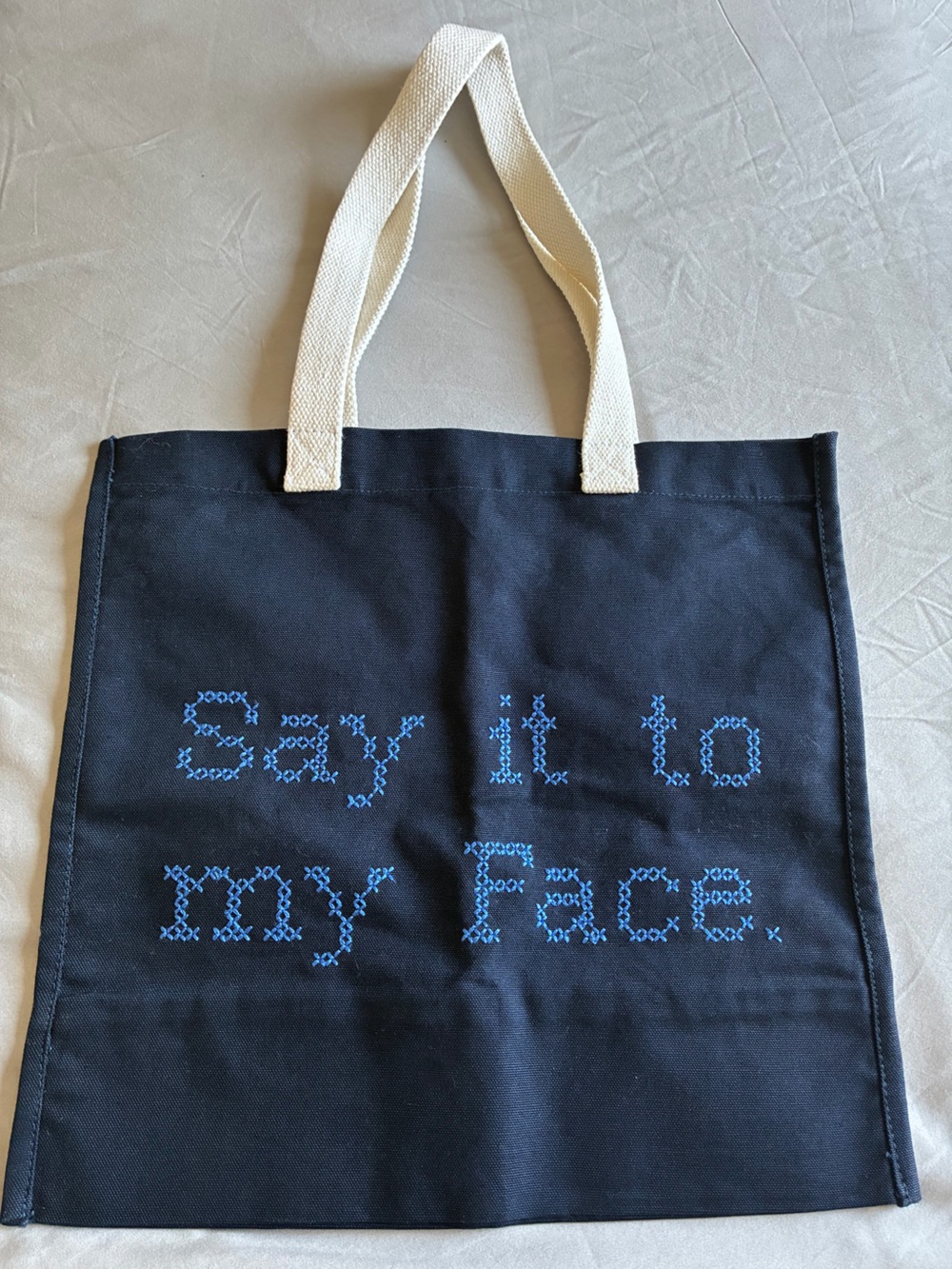 Navy Canvas Tote with Cream Handles and Blue Embroidery